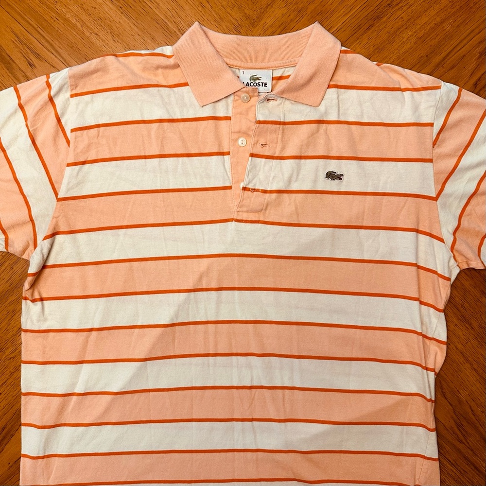 Lacoste Polo Men's Size 7 Pink Salmon White Short Sleeve Shirt Striped Preppy